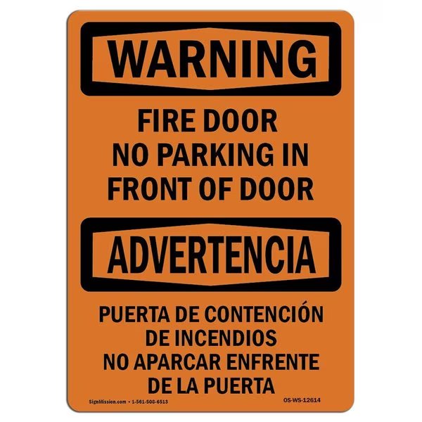 OSHA WARNING Sign, Fire Door No Parking Bilingual, 7in X 5in Decal, 5